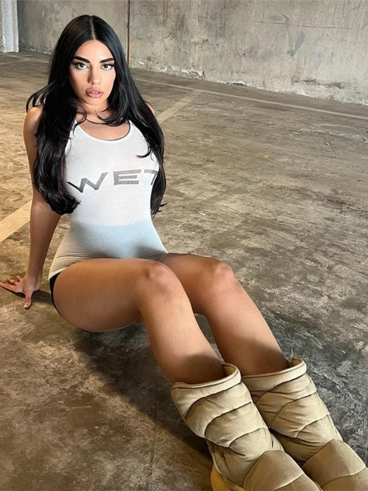 White Crop Top Letters Printing Y2k