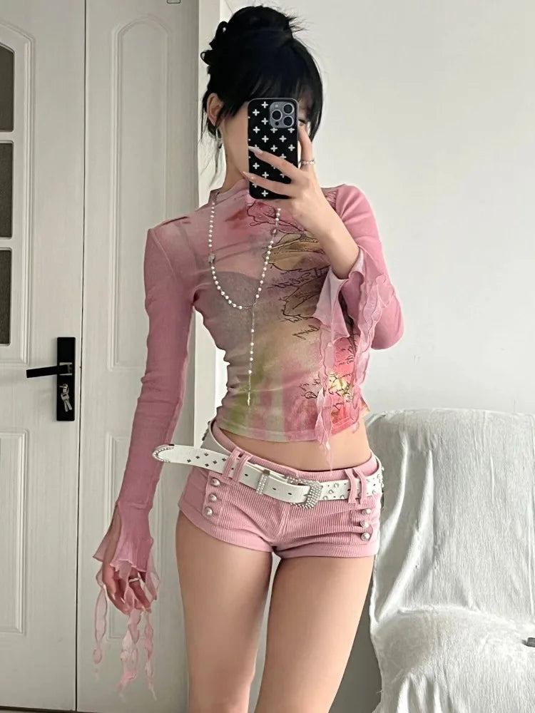Fairycore Floral Ruffled Cuff Top
