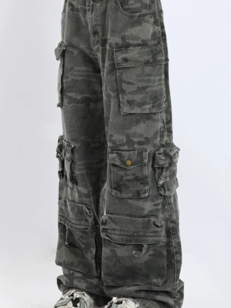 Retro Camouflage Wide Leg Cargo Pants