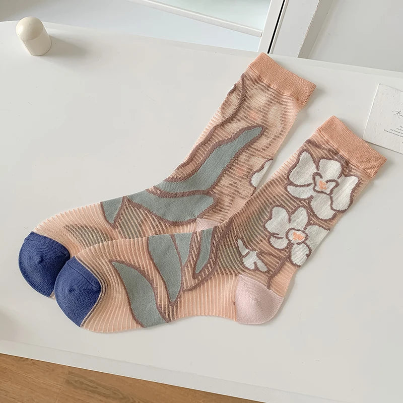 Trendy Summer Flower Breathable Transparent Socks