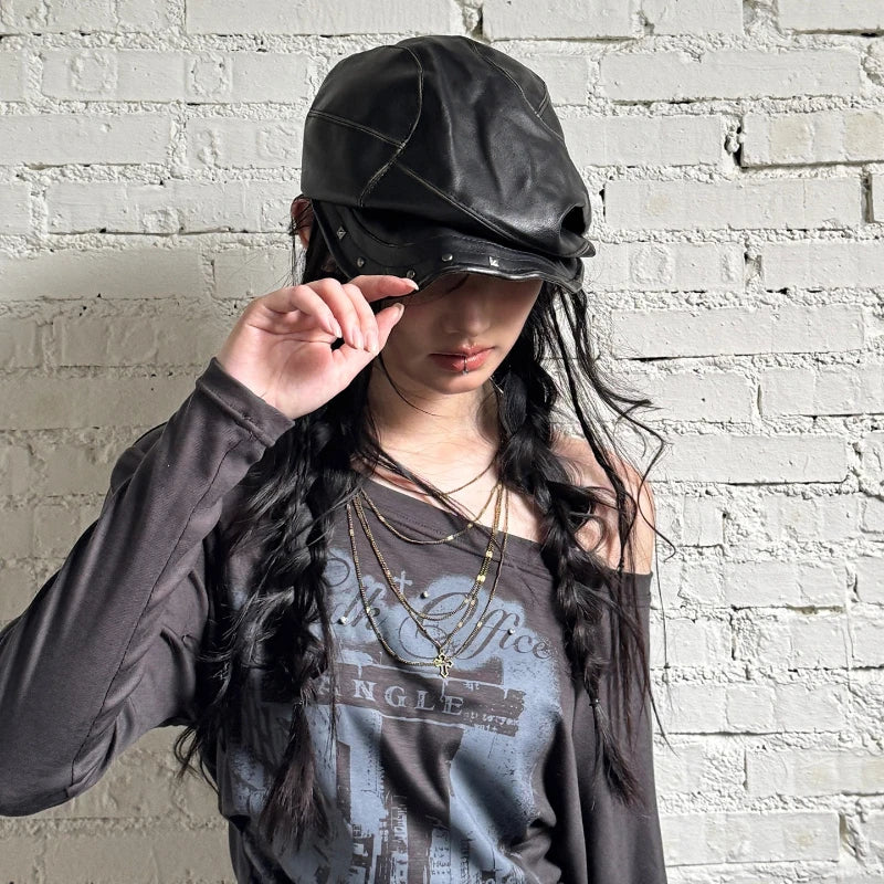 Grunge Pleated Rivet Beret Hat