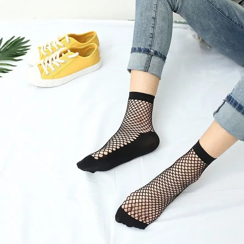 Ladies Fishnet Socks Heel With Bow Pearls Funny Breathable Socks