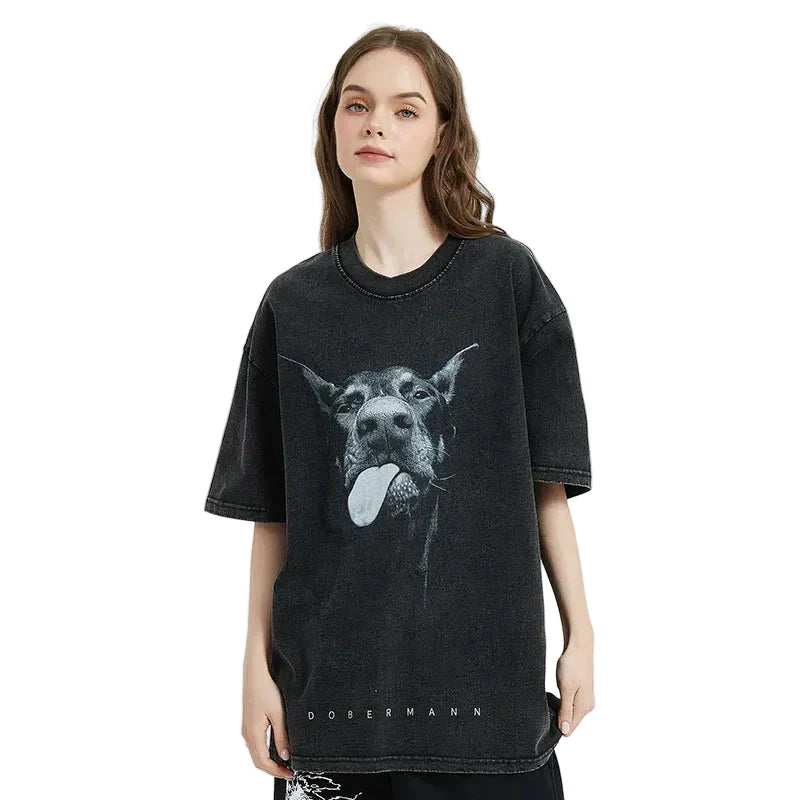 Doberman Dog Washed Black T-shirt