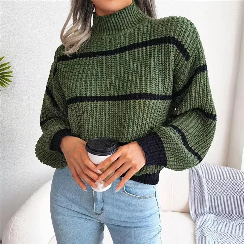 High Collar Pullover Knitted Striped Sweater