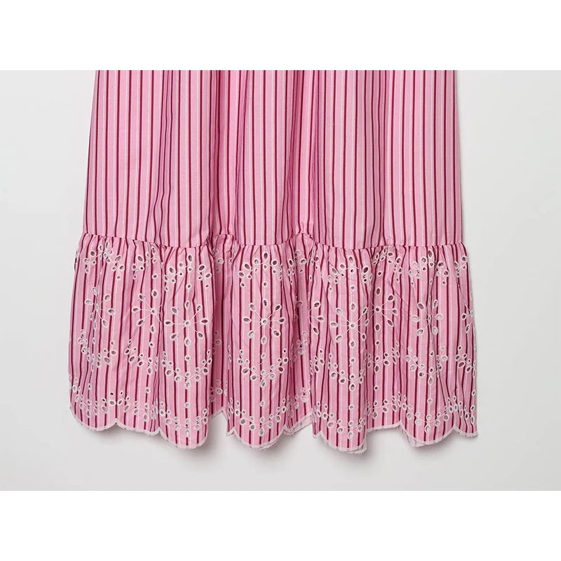 Pink Striped Midi Dress Tie Shoulder Straps