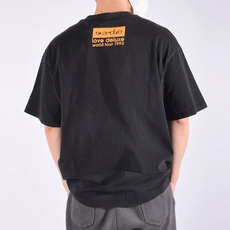 Vintage Porträtmuster Bedrucktes Schwarzes T-Shirt