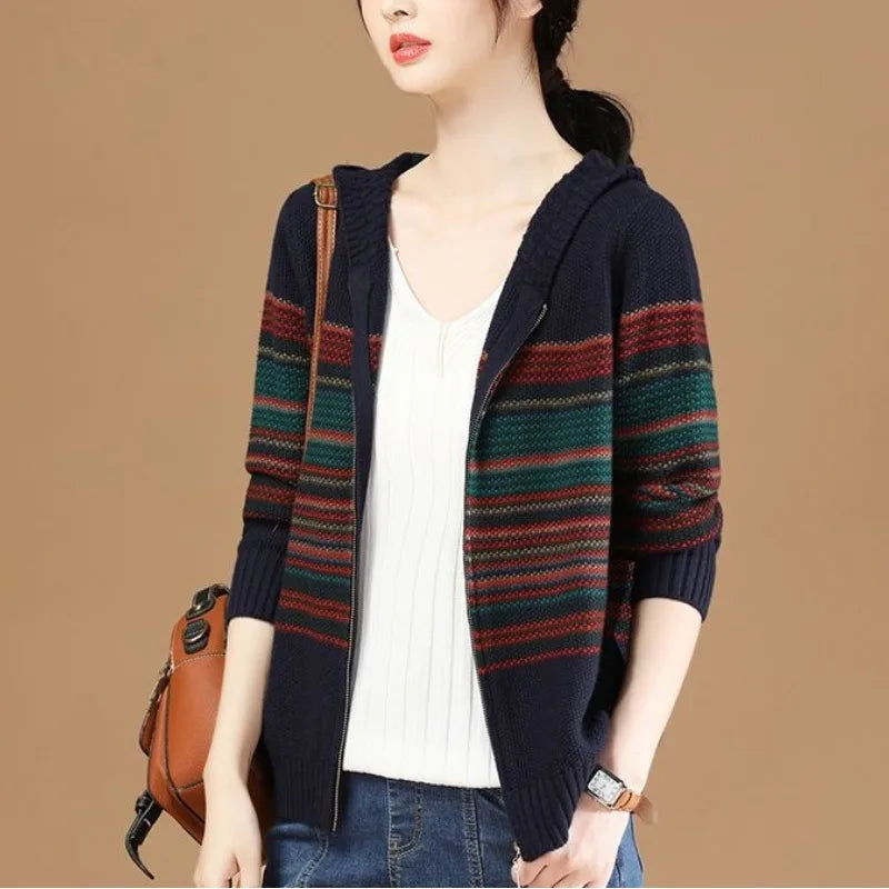 Colorful Loose Hooded Zipper Sweater