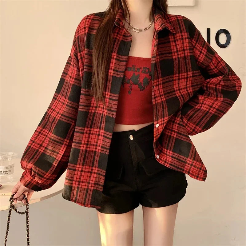 Oversized-Tartan-Jacken-T-Shirt mit Kragen