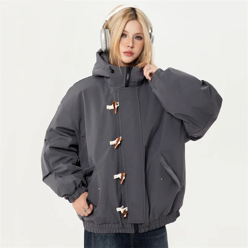 Gray Sided Closure High Collar Puffer Jacket