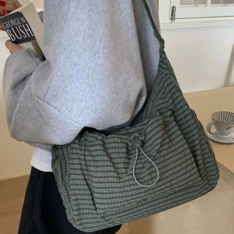 Korean Plaid Zipper Pleated Shoulder Bag