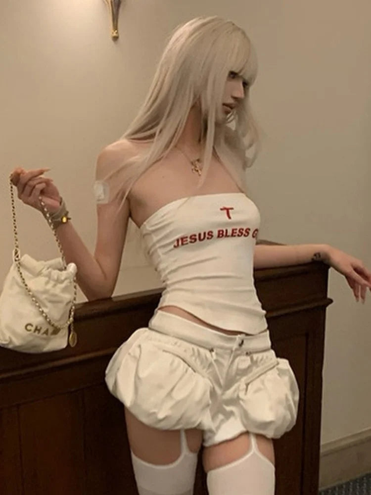 Y2K Letters Print Tube Strapless Top