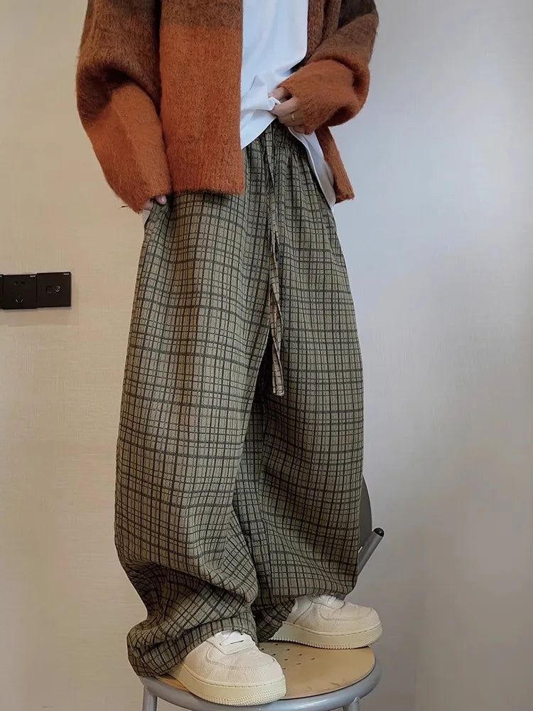 Y2K Olive Plaid Wide Leg Pants