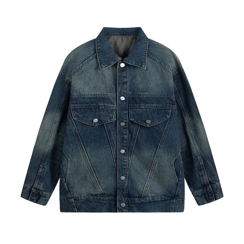 V-neck Washed Dark Blue Denim Jacket