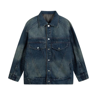 V-neck Washed Dark Blue Denim Jacket