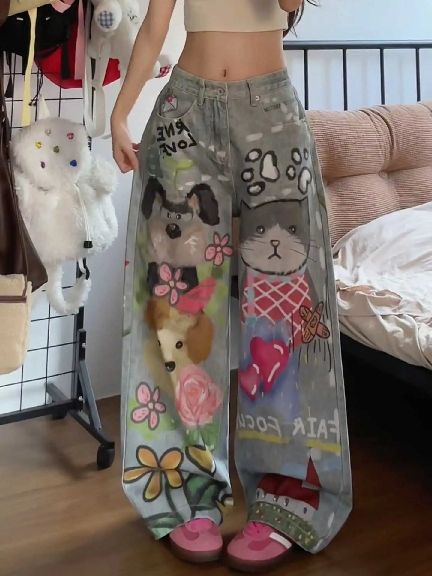 Retro Indie Hand Graffiti Wide Leg Jeans