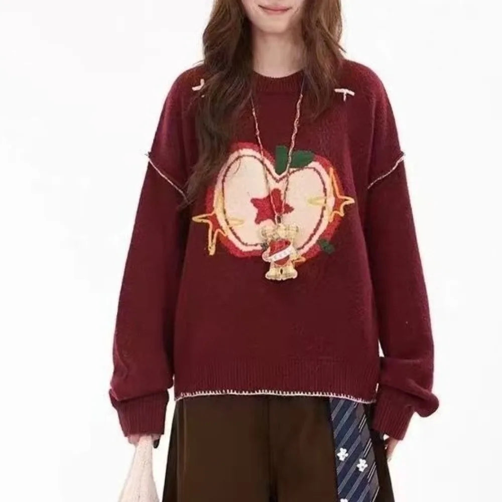 Apple Print Jacquard Knit Sweater
