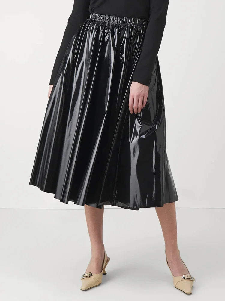 Glossy Leather Pleated Midi Skirt