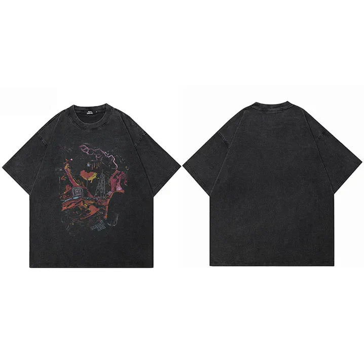 Washed Graffiti Printed Oversized T-Shirt