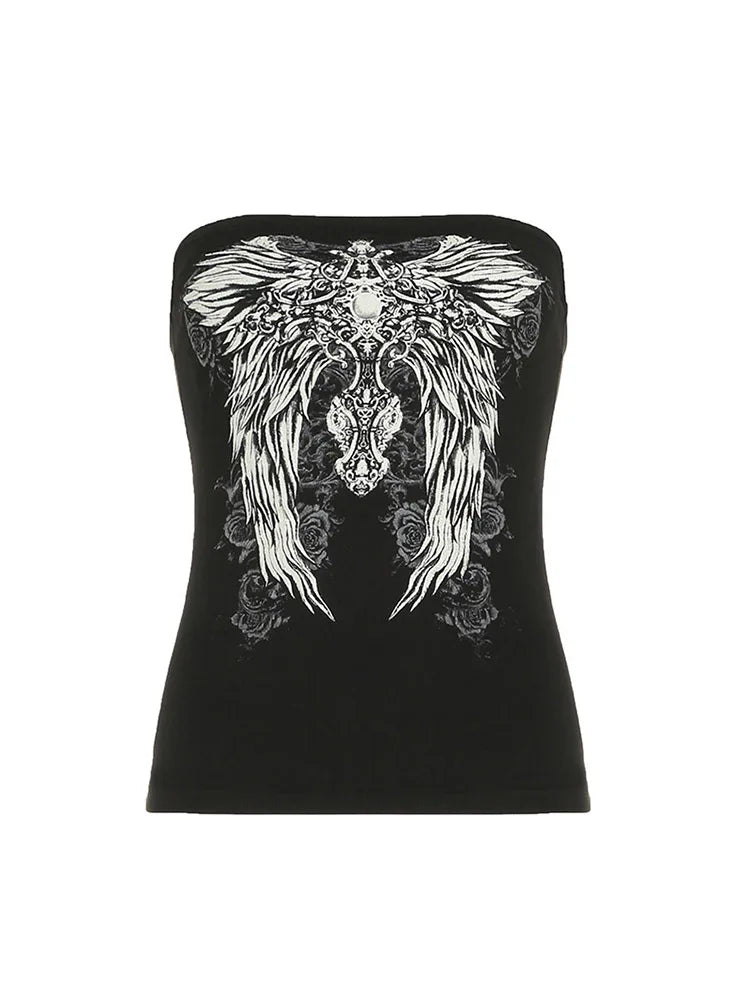 Y2K Gothic Print Black Tube Top