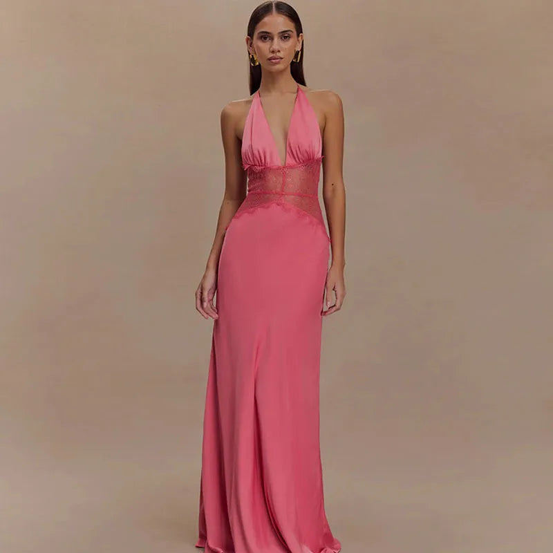 Backless Halter Lace Maxi Dress