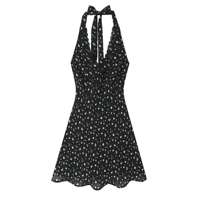 Schwarzes Neckholder-Kleid mit Blumenmuster und freiem Rücken