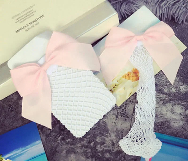 Ladies Fishnet Socks Heel With Bow Pearls Funny Breathable Socks