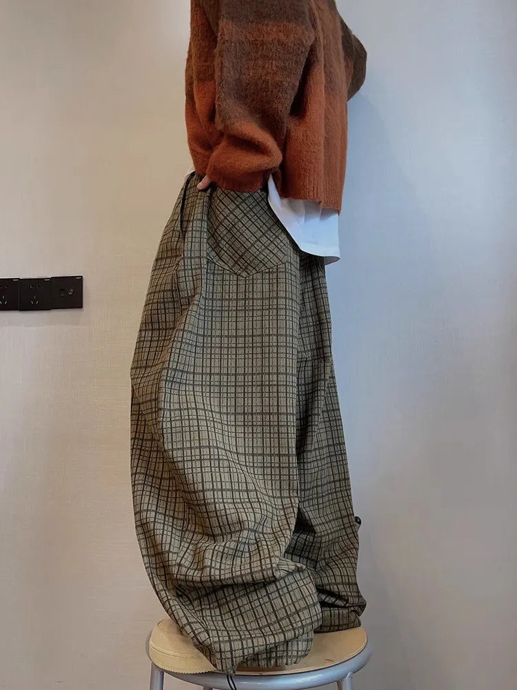 Y2K Olive Plaid Wide Leg Pants