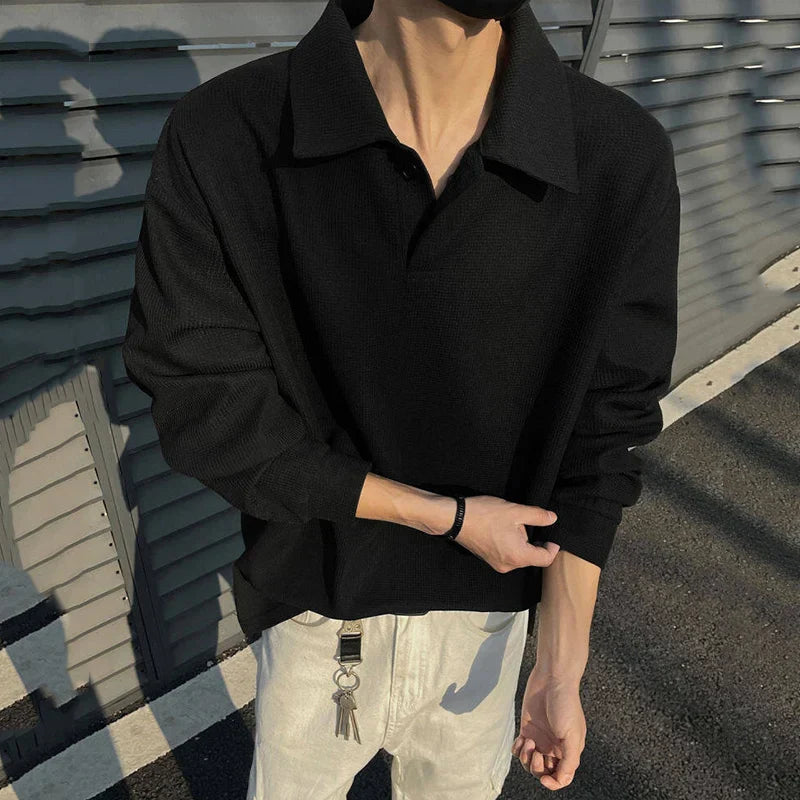 Lapel Long Sleeve Solid Color Polo T-Shirt