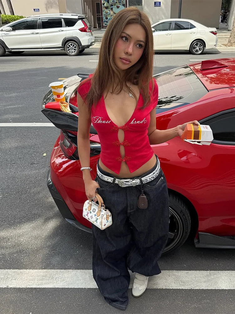 Baddie Core Red Frog Button Top