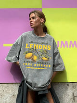 Fresh Lemon Fruit Print Washed T-Shirt