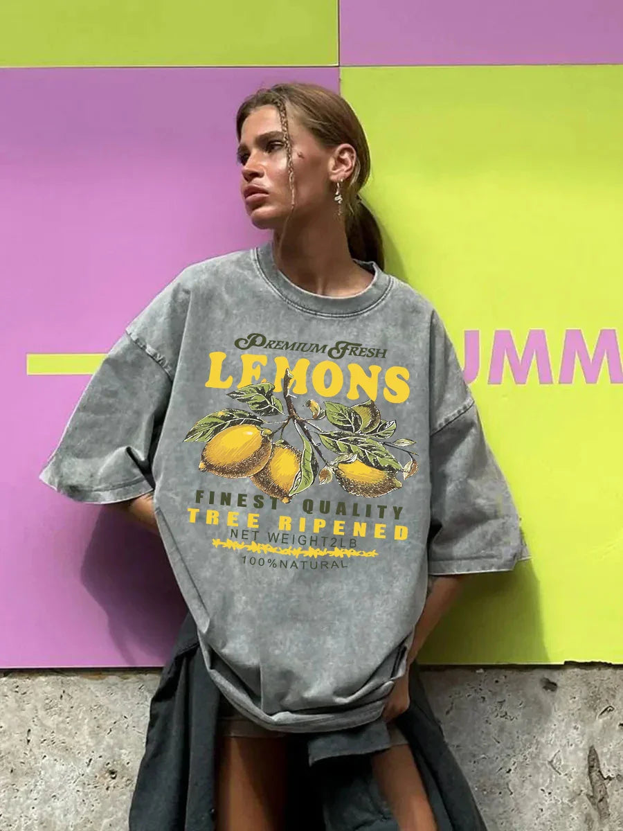 Fresh Lemon Fruit Print Washed T-Shirt