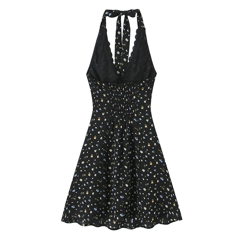 Black Floral Halter Sexy Backless Dress