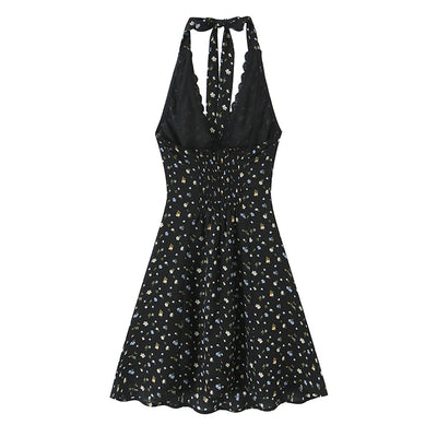 Schwarzes Neckholder-Kleid mit Blumenmuster und freiem Rücken