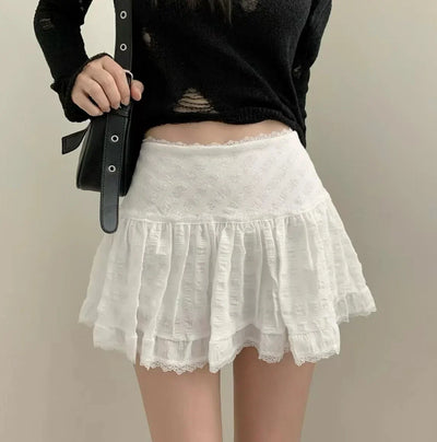 Feminine White Tiered Ruffled Lace Skirt