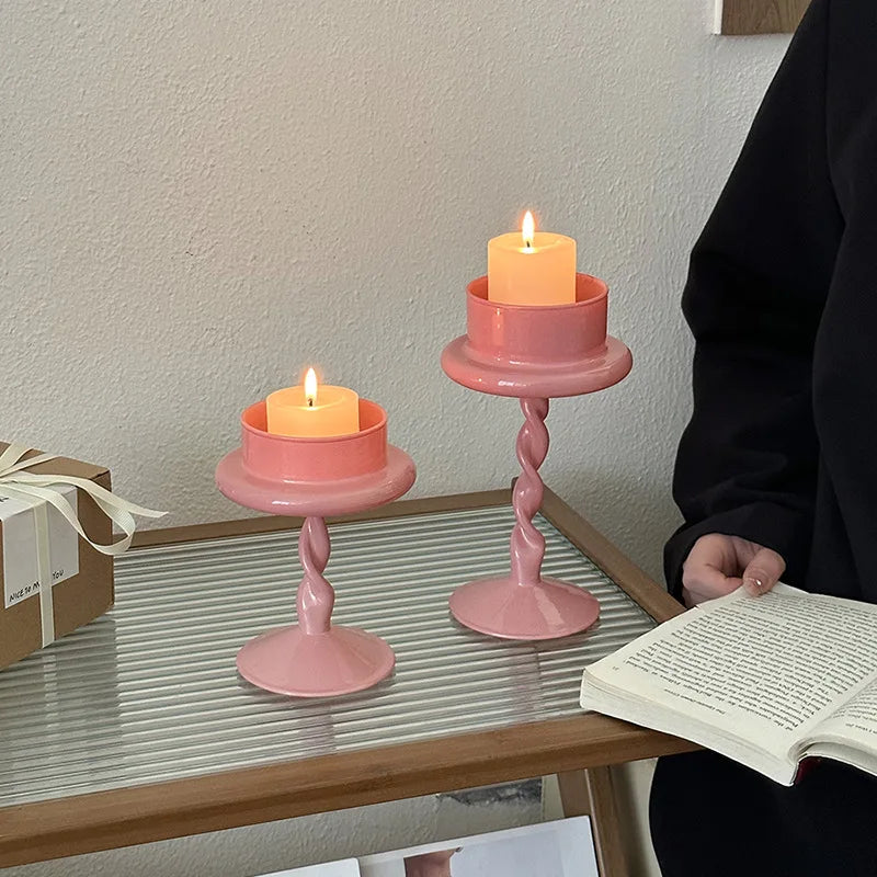 Pink Twisted Glass Candle Holder