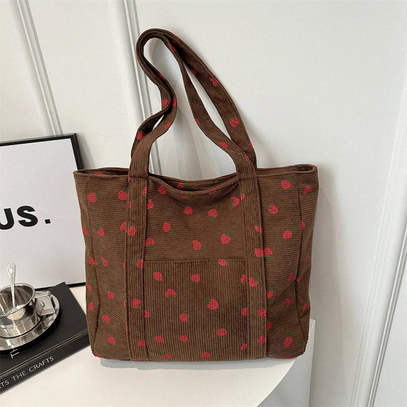 Corduroy Strawberry Print Tote Shoulder Bag