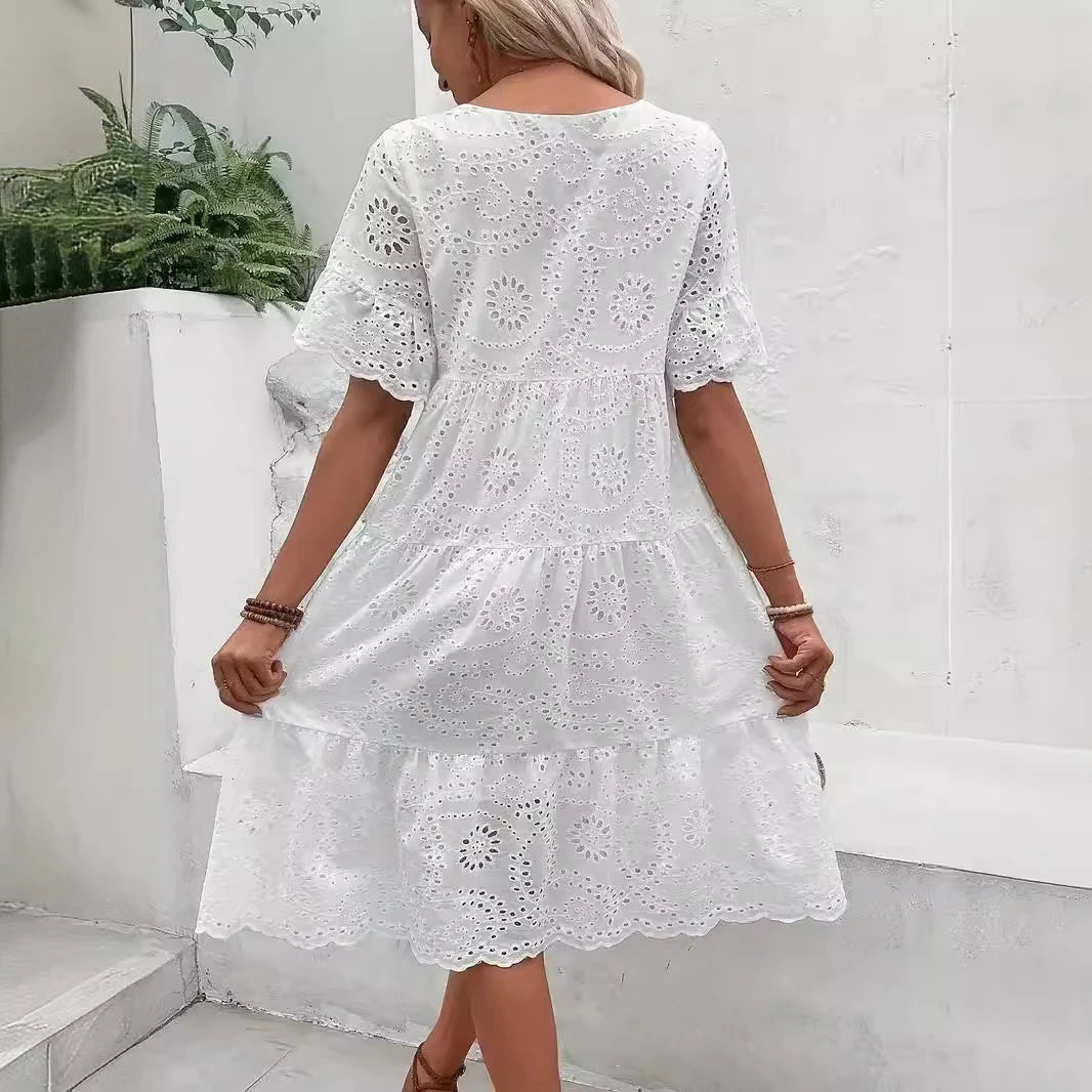Women's White Hollow Out Boho Midi Dress