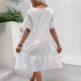 Women's White Hollow Out Boho Midi Dress
