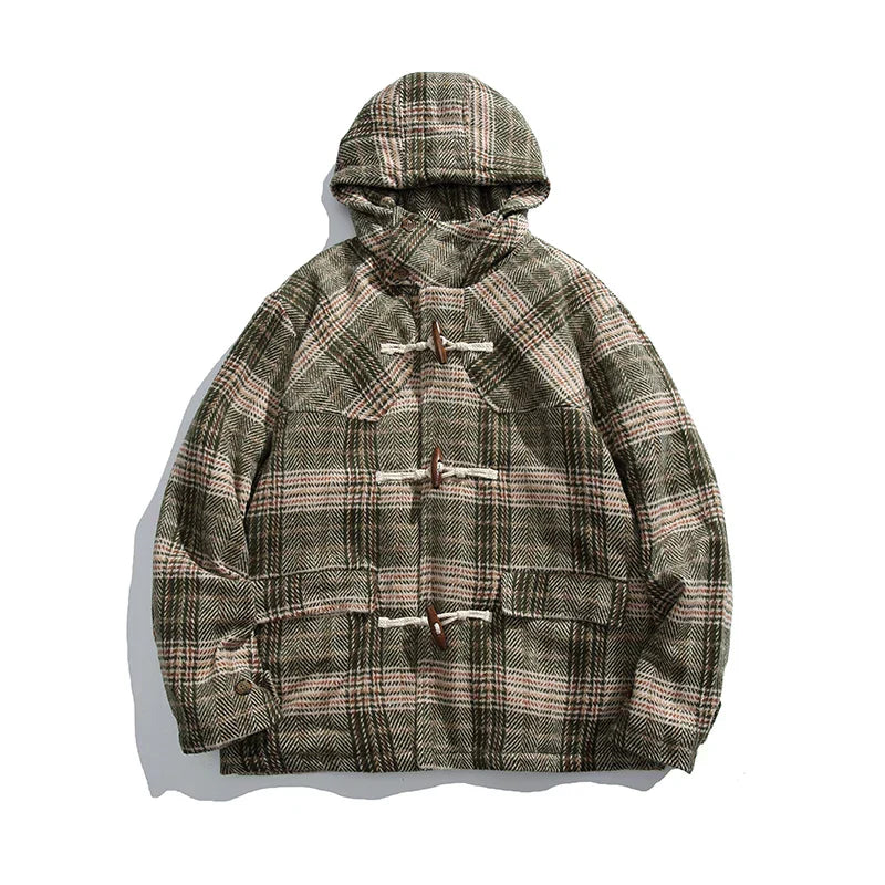 Retro Karierte Woll-Steppjacke mit Kapuze