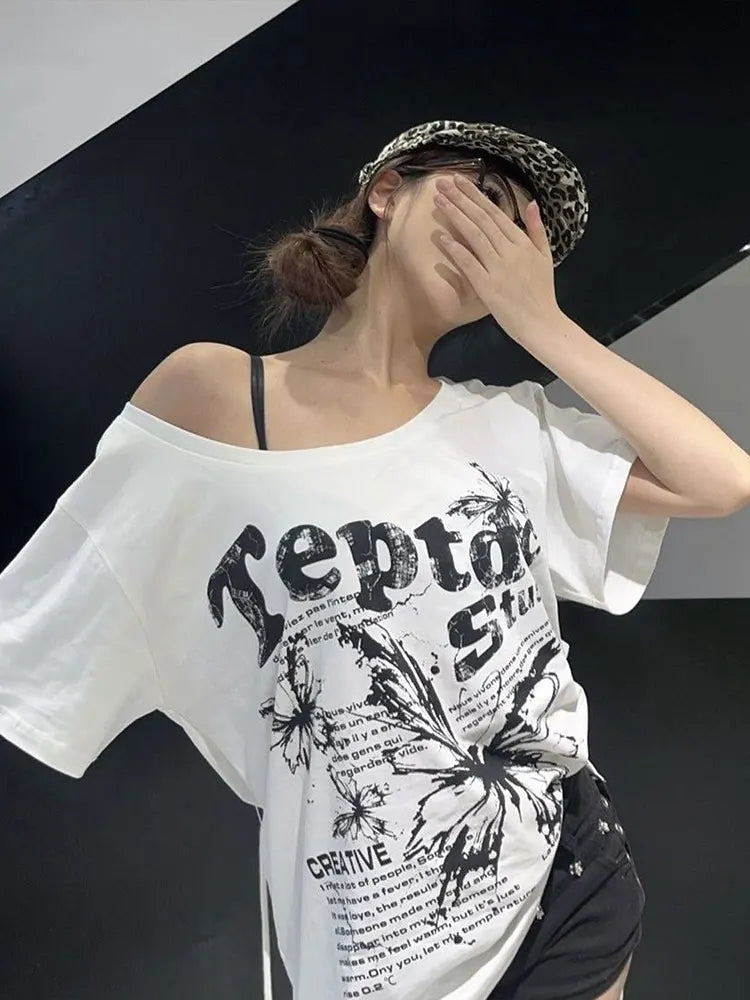 Vintage Y2k Oversized White Butterfly Print T-Shirt