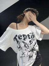 Vintage Y2k Oversized White Butterfly Print T-Shirt