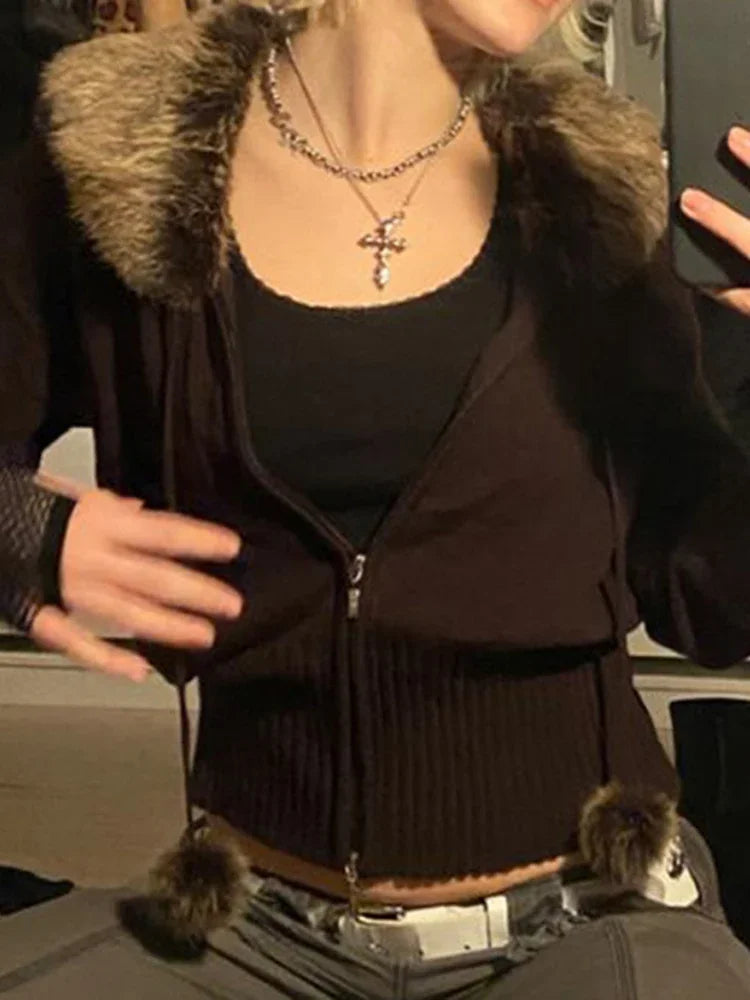 Y2K Fur Cropped Zip-up Cardigan