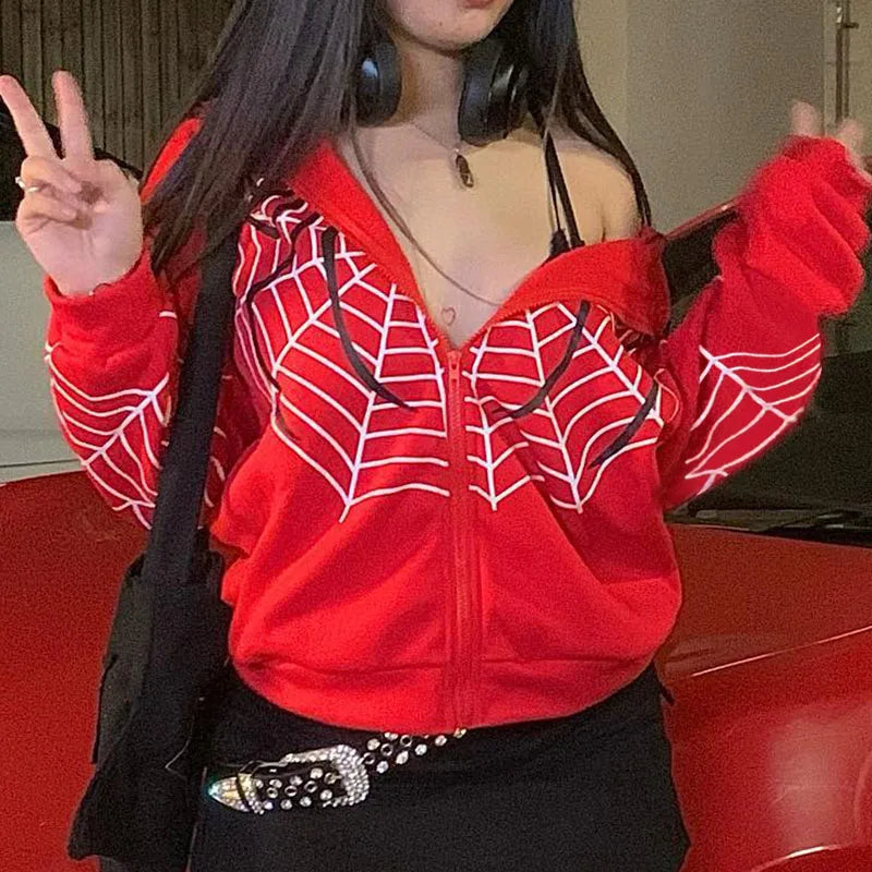 Y2K Spider Web Zip Up Hoodie