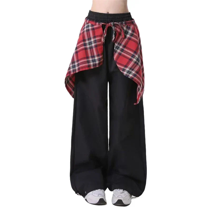 Patchwork Plaid Skirt High Waisted Pants