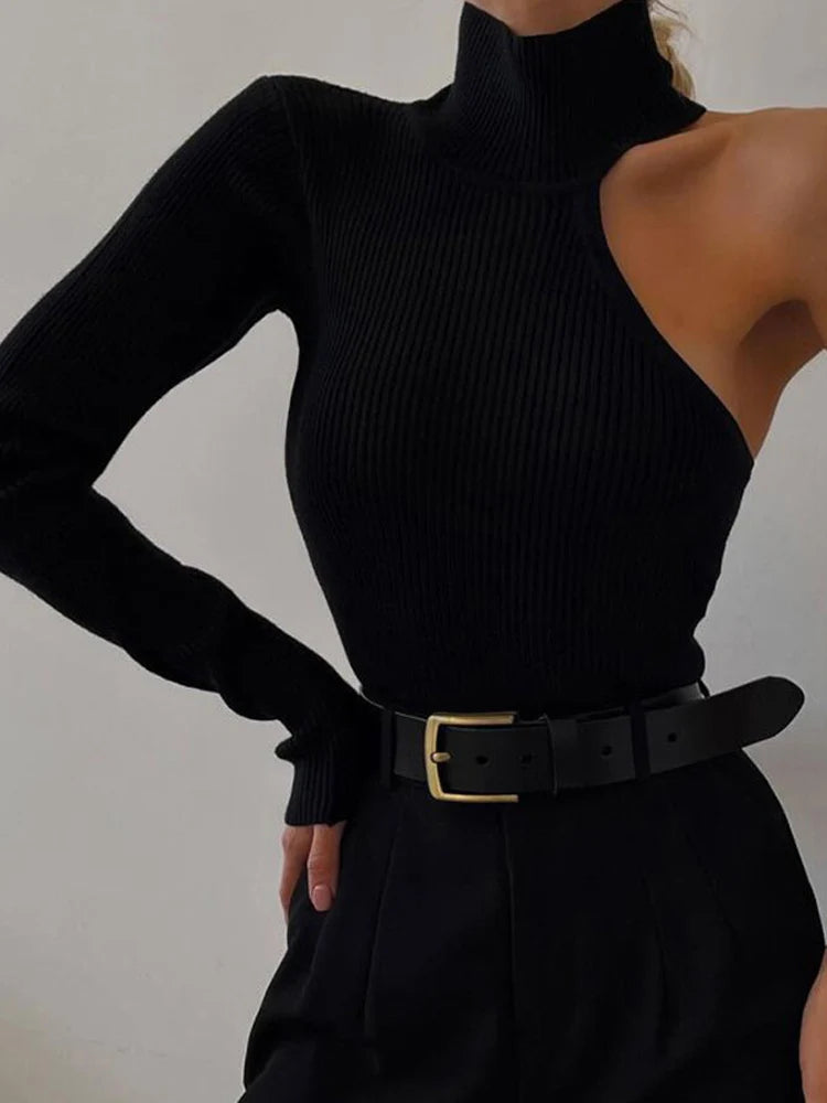 Single Sleeve Off Shoulder Turtleneck Ribbed Bodysuit