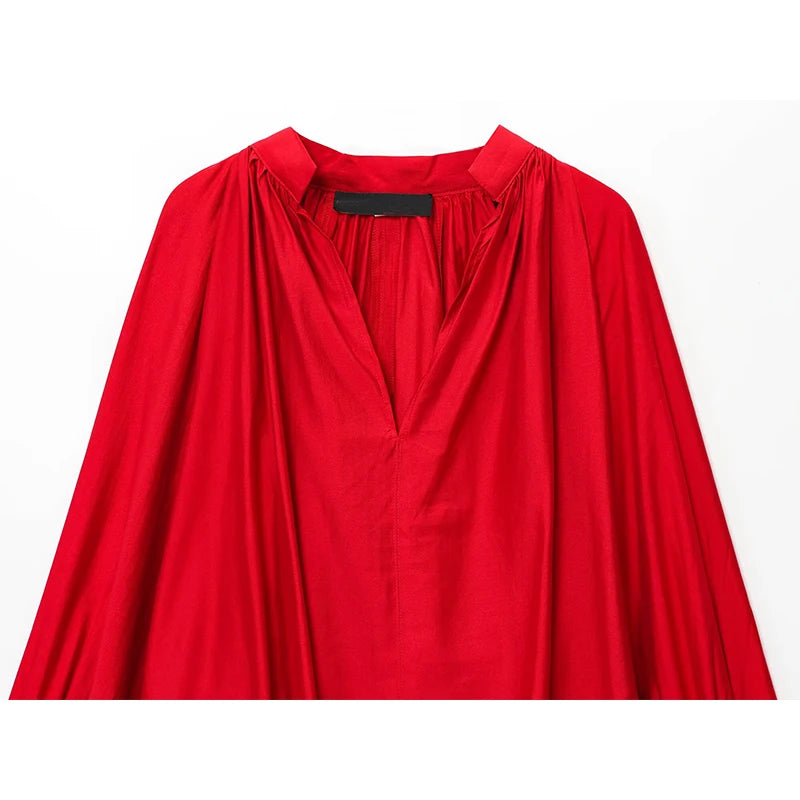 Black Red V Neck Lantern Sleeve Vintage Blouse