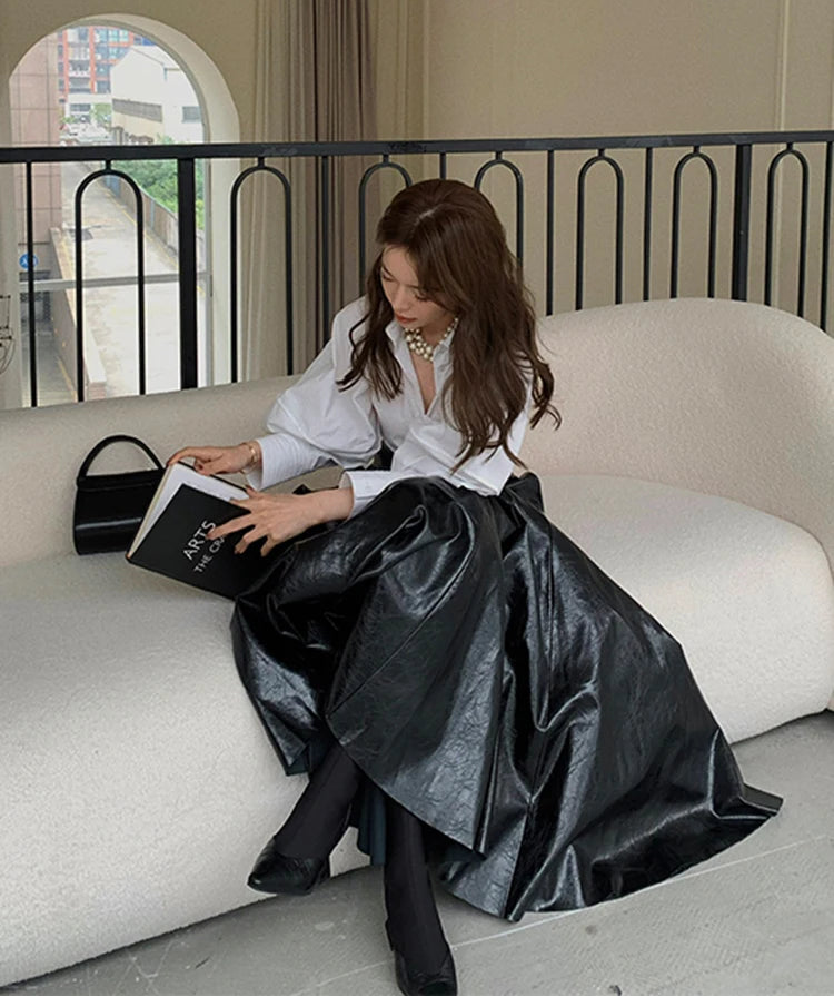 High Waist Chic Black Shiny Pleated Maxi Skirt