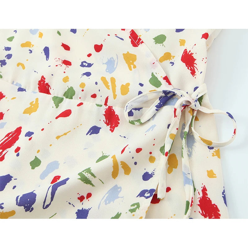 Colorful Paint V Neck  French Wrap Dress