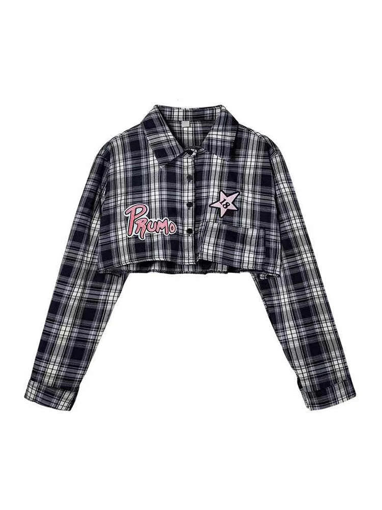 American Retro Plaid Cropped Long Sleeve Shirts