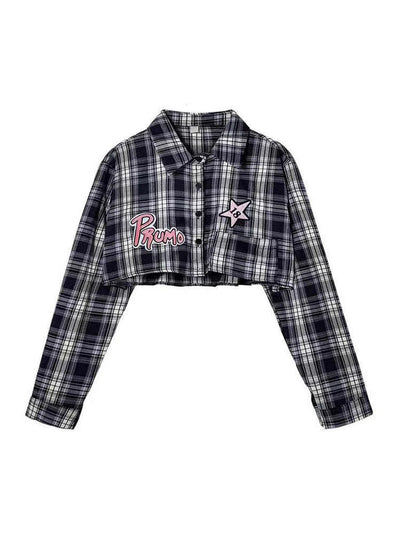 American Retro Plaid Cropped Long Sleeve Shirts